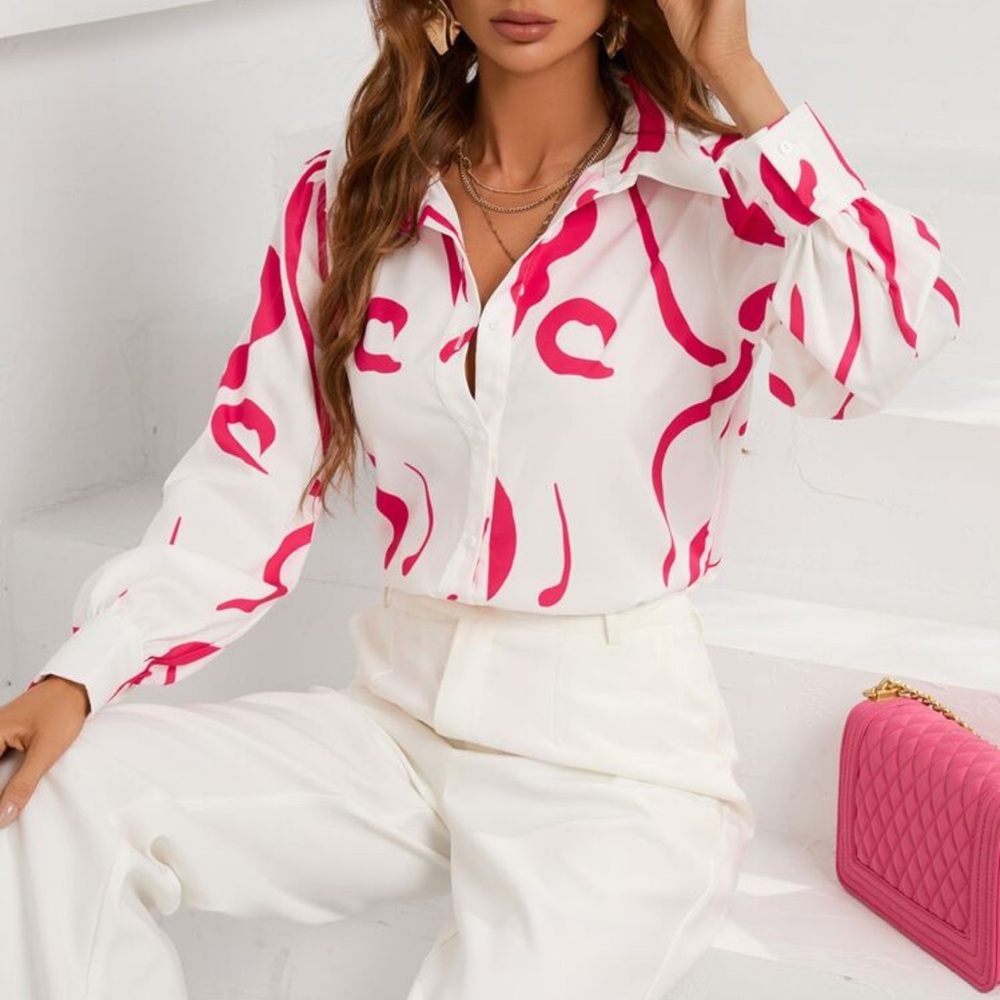 White Button Down Blouse Pink Abstract Print Long Sleeve Top blouse Size M NWOT